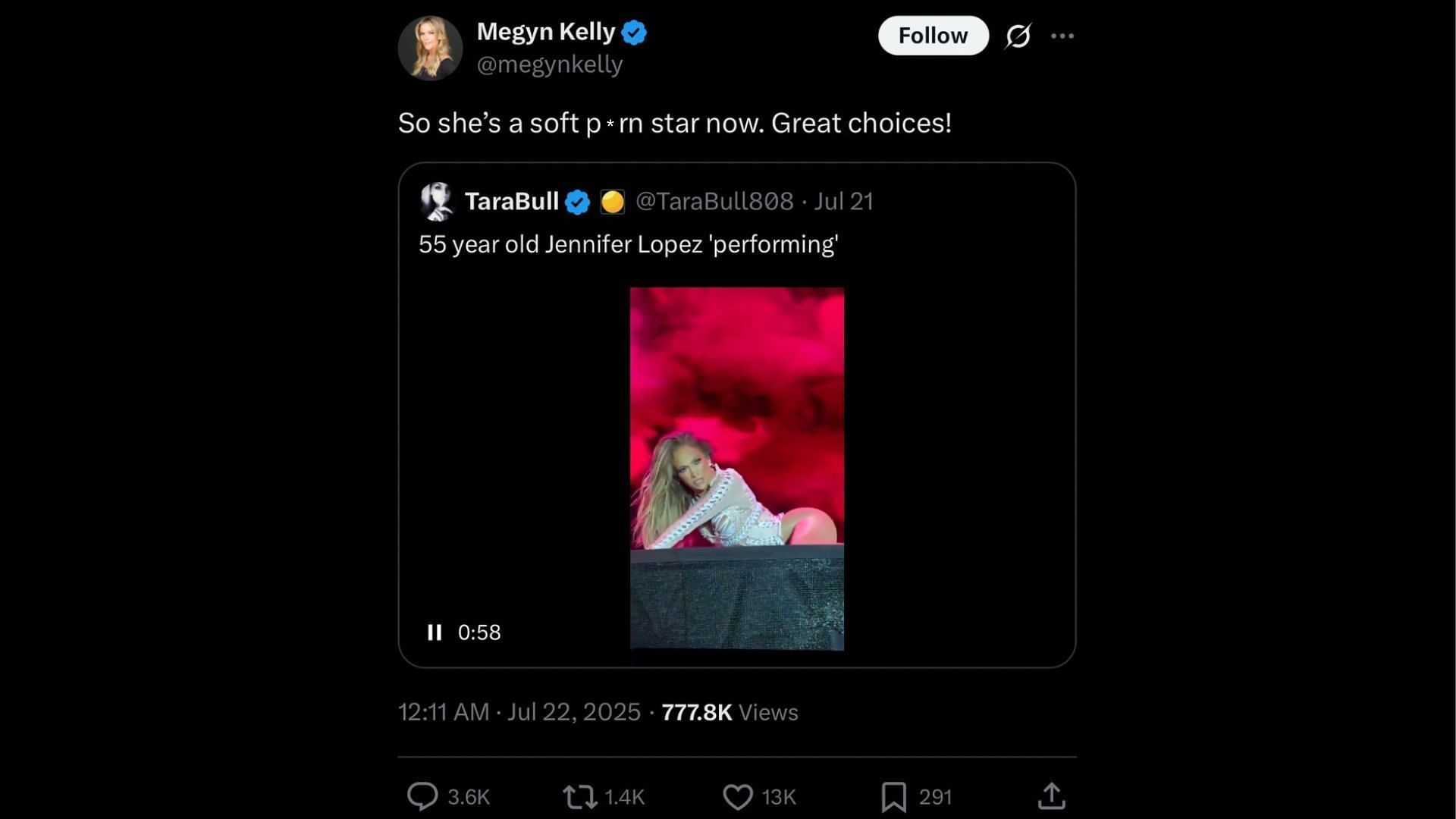 Megyn Kelly reposted Jennifer Lopez's viral dance clip (Image via X/@megynkelly)